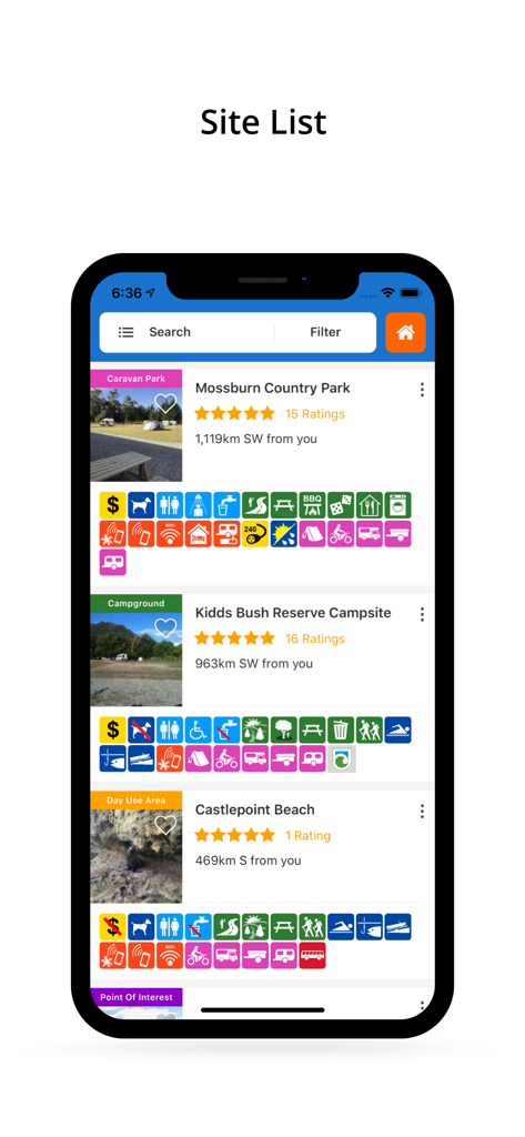 WikiCamps UK - WikiCamps UK app interface showing a list of campgrounds with photos ratings and amenity icons