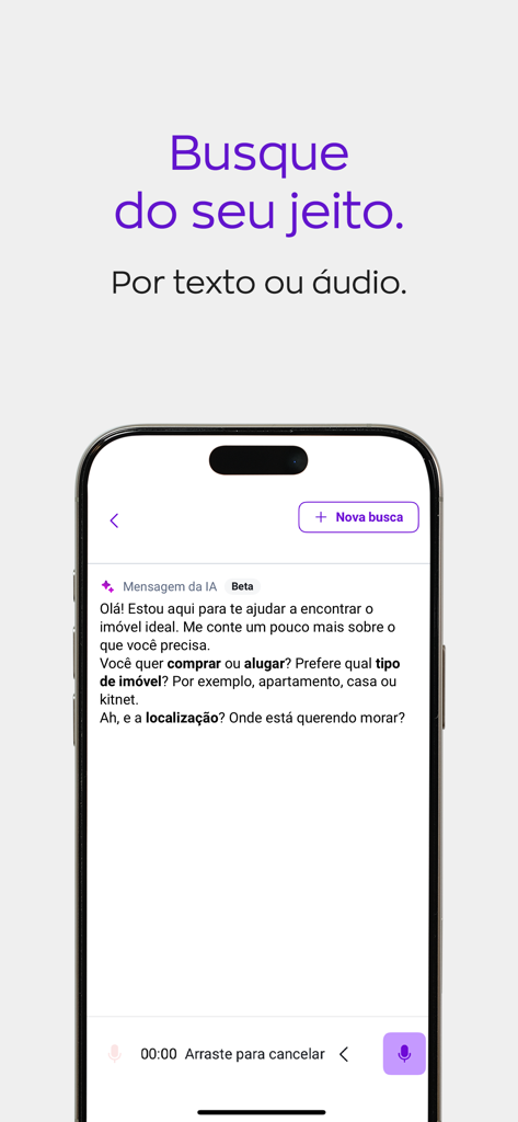 ZAP Imóveis | Compra e Aluguel - Captura de tela do aplicativo ZAP Imoveis mostrando pesquisa por voz e texto com chat de IA