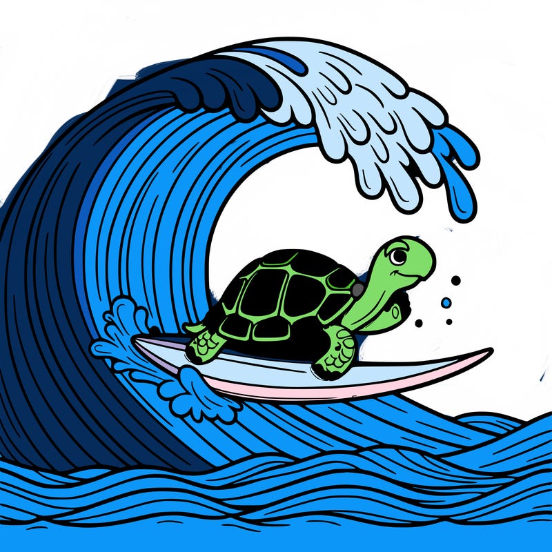 a tortoise surfing on a giant wave