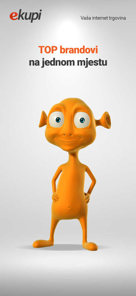 eKupi - eKupiオンラインショッピングアプリの画面に、トップブランドがすべて揃っていることを示すオレンジ色の漫画キャラクター