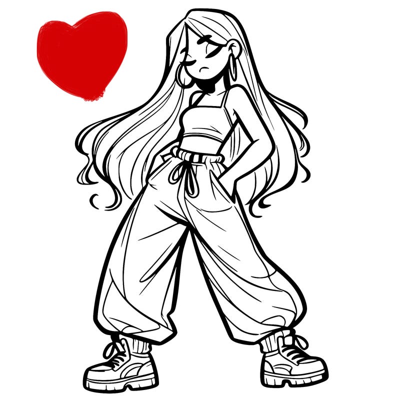 girl in baggy pants crop top and long hair