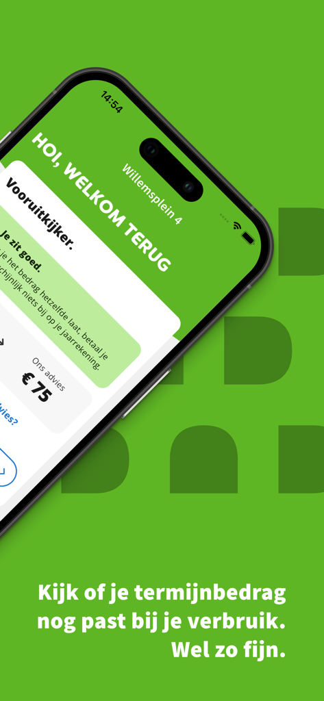 Regelneef - energiedirect - Regelneef app screen showing energy bill prediction and monthly installment advice on a smartphone