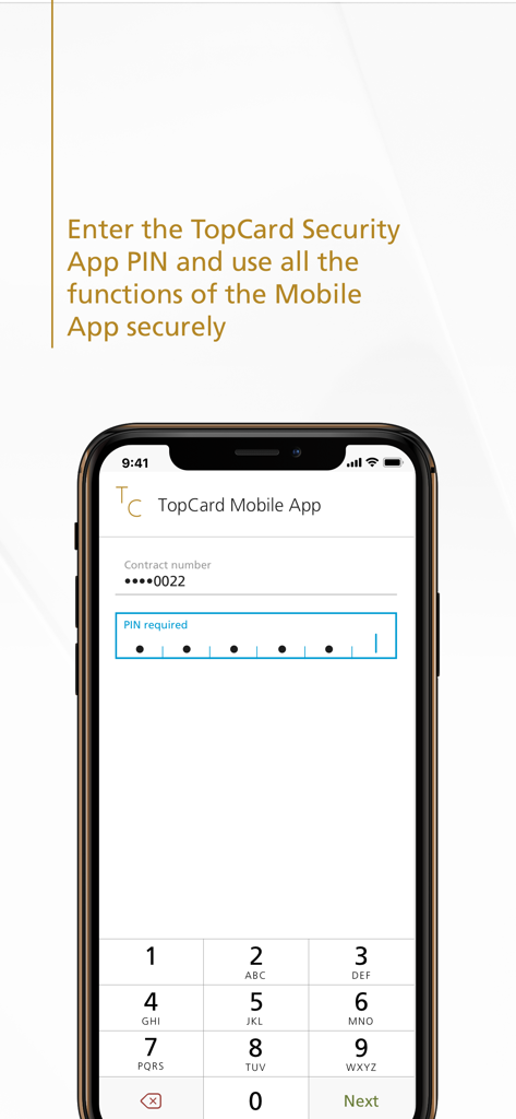 TopCard Security - Interface of the TopCard Security app showing a PIN input screen for secure authentication on a smartphone.