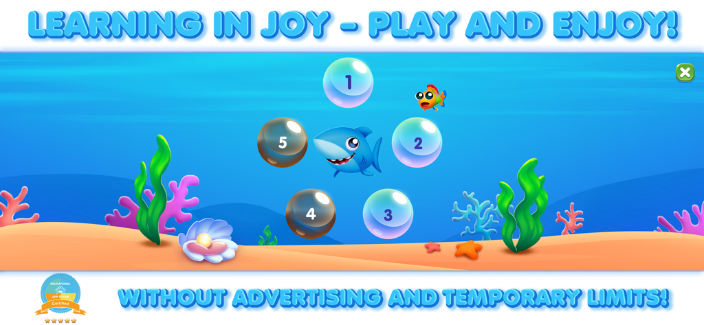 Underwater counting level in the RMB Games preschool app featuring a shark and numbered bubbles from 1 to 5.