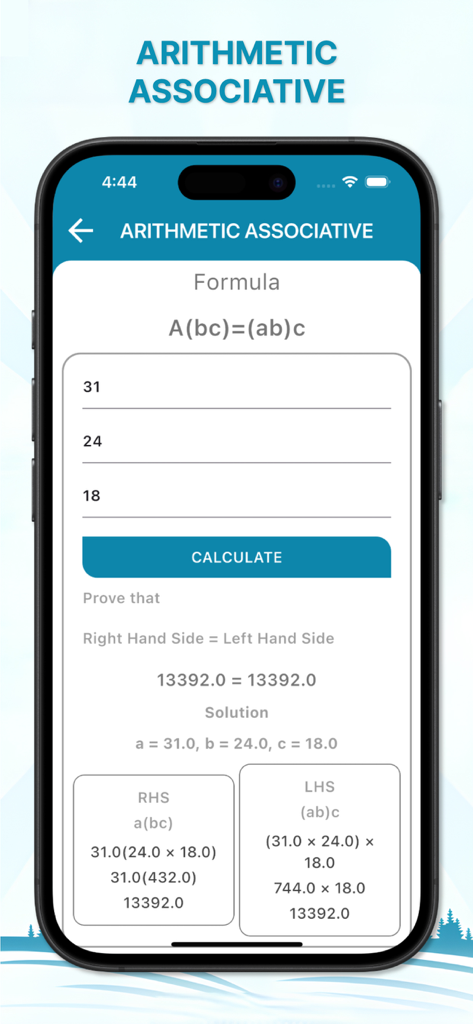 Tela da calculadora de propriedade associativa aritmética no aplicativo Calculadora de Topografia mostrando a fórmula e as etapas resolvidas.