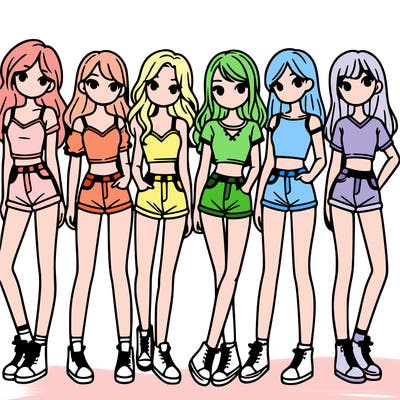 a group of girls wearing crop tops and shorts
