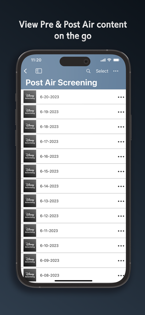 Disney Advertising Sales app displaying a list of post-air screening content.