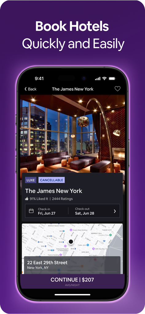 HotelTonight: Booking Deals - HotelTonight mobile app screen displaying a luxe hotel booking in New York City with price and location map.