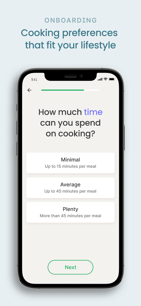 Diet Doctor - Diet Doctor app onboarding screen for setting cooking time preferences