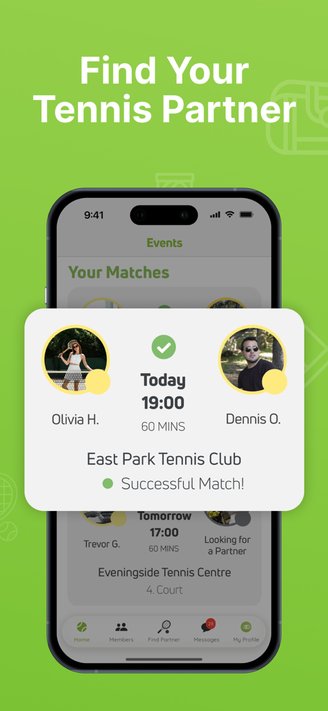 A mobile app screen showing a successful tennis match pairing between two players at a local club