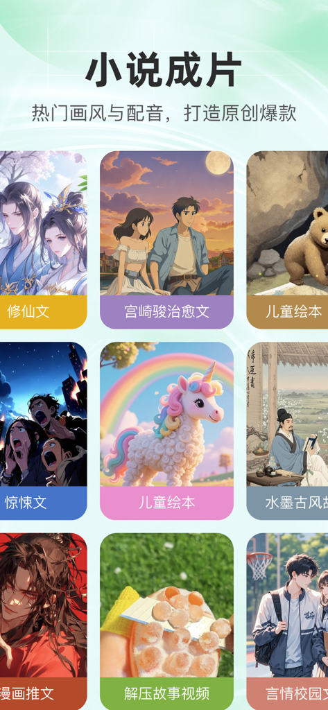 创作星 - 数字人视频、创意视频、小说推文助手 - A grid of different AI generated video styles for novel and story creation