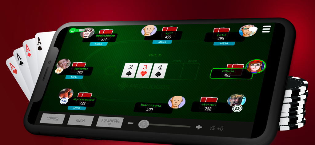 POKER Texas Hold'em e Fechado - Mobile phone screen displaying an online poker table with players cards and chips