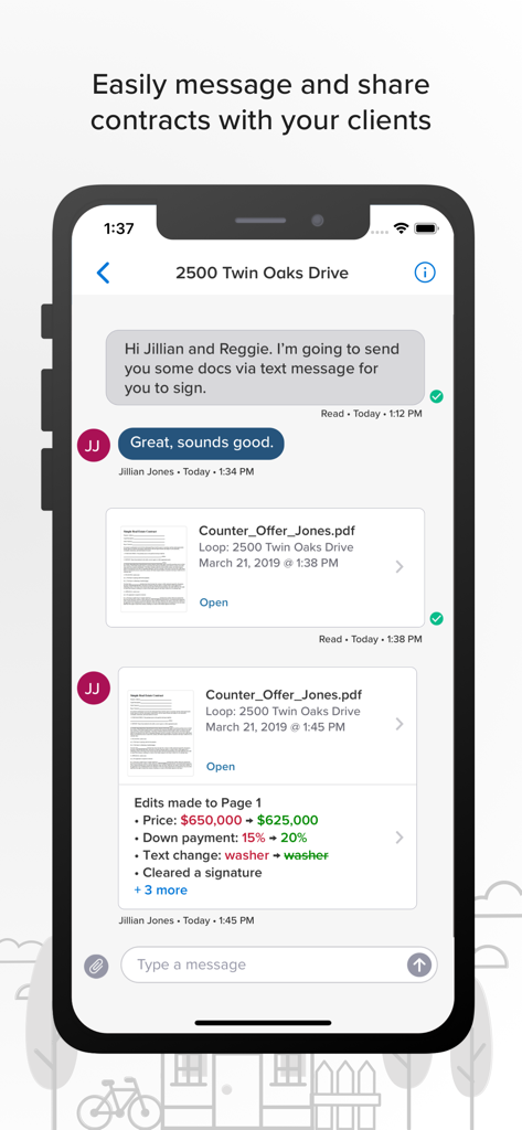 Real estate app interface for messaging and sharing contracts with clients