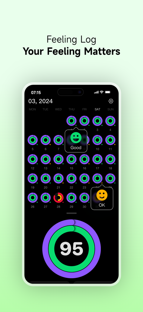 Sleepal app interface showing a feeling log calendar with sleep rings and mood emojis