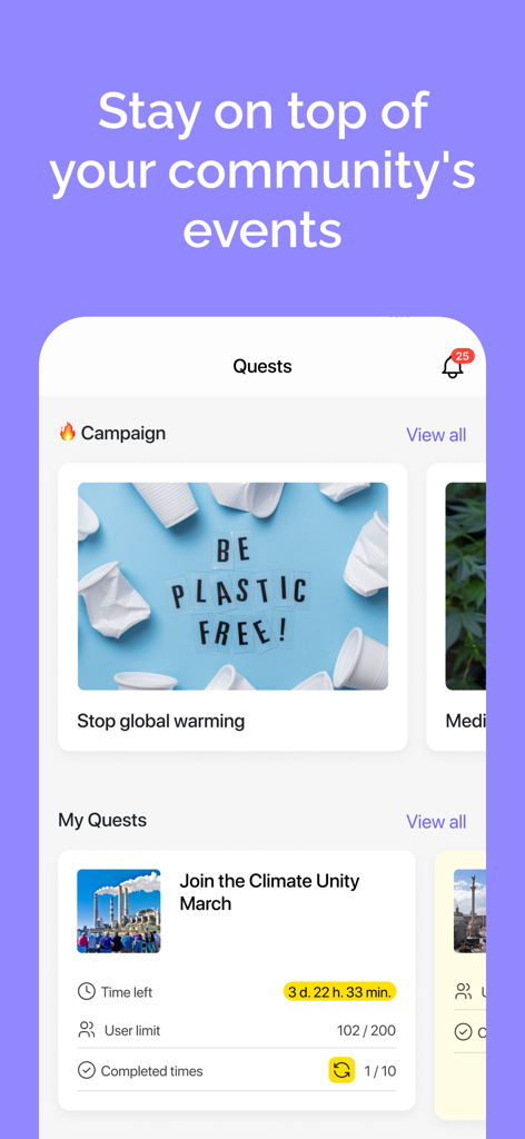 Qela - Oberfläche der Qela-App, die Community-Quests und Umweltkampagnen für bürgerschaftliches Engagement zeigt.