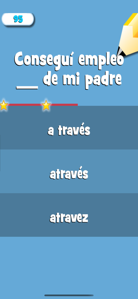 Palabra Correcta - Una pantalla de cuestionario de opción múltiple de gramática española que muestra opciones de ortografía para una oración.