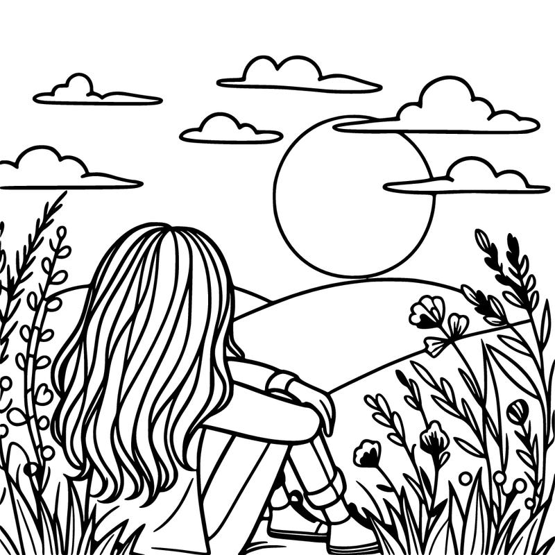 a girl sitting in a sunset