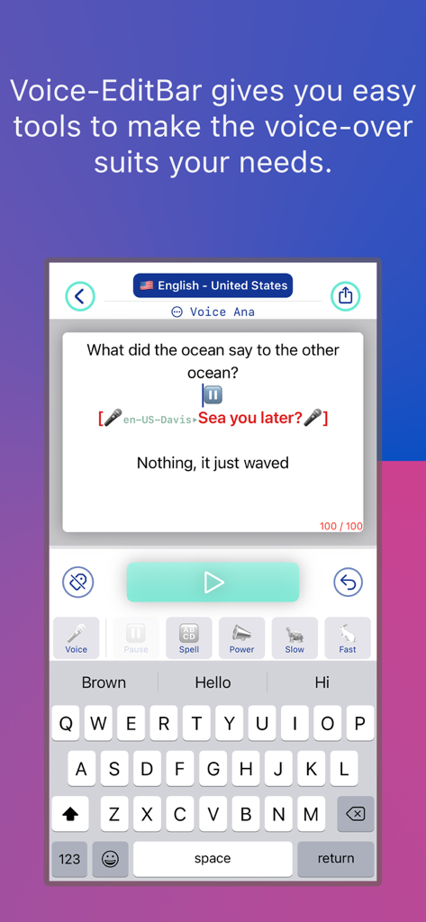 Voice-Over AI | Text To Speech - Voice-Over AIアプリのインターフェース。速度、パワー、音声選択のためのテキスト読み上げ編集ツールが表示されています。