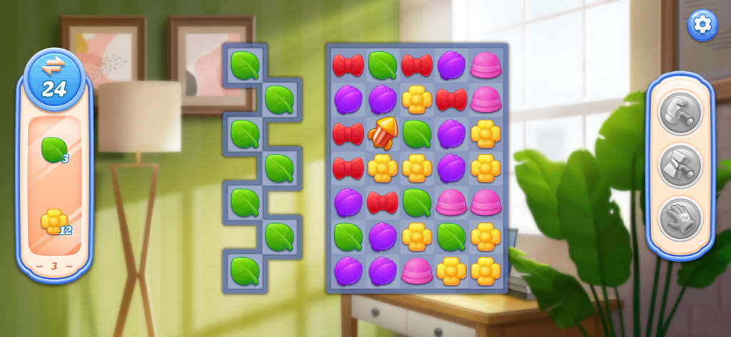 Flower Shop Makeover - Flower Shop Makeover match-3 puzzle level showing colorful flower tiles and boosters against a cozy room background