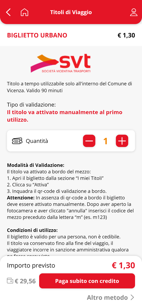 Svt Vicenza - Ecrã da aplicação móvel SVT Vicenza mostrando a compra de um bilhete de autocarro urbano de 1,30 euros.