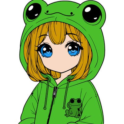 cute realistic girl in a froggy hoodie