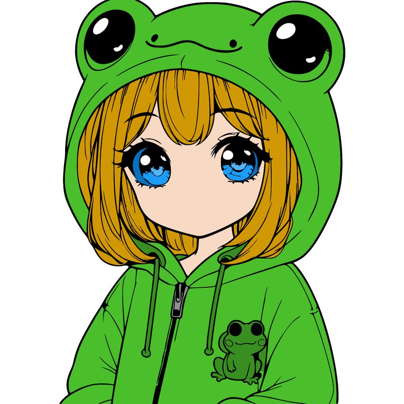 cute realistic girl in a froggy hoodie