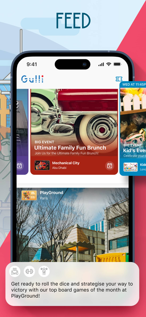 Gulli - Gulli app interface showing travel event cards for families