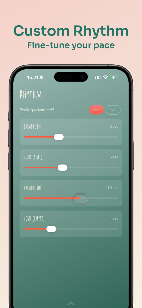 Paced Breathing - Breath Coach - Custom rhythm settings in the Paced Breathing app showing sliders for breathing phases