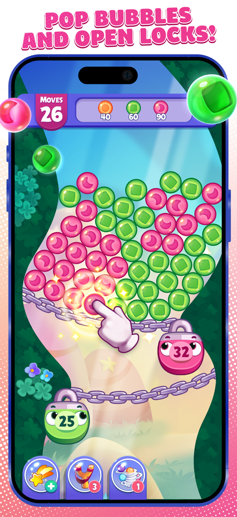 Mobile gameplay screenshot of Angry Birds Dream Blast showing bubble popping to open chain locks