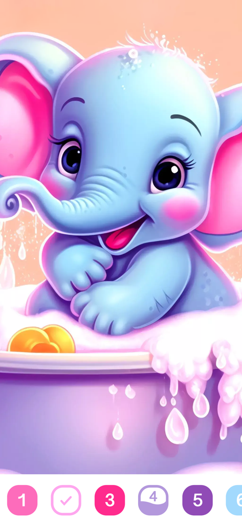 Cute Color - Color by Number - Adorable blue elephant in a bubble bath within a color by number game interface