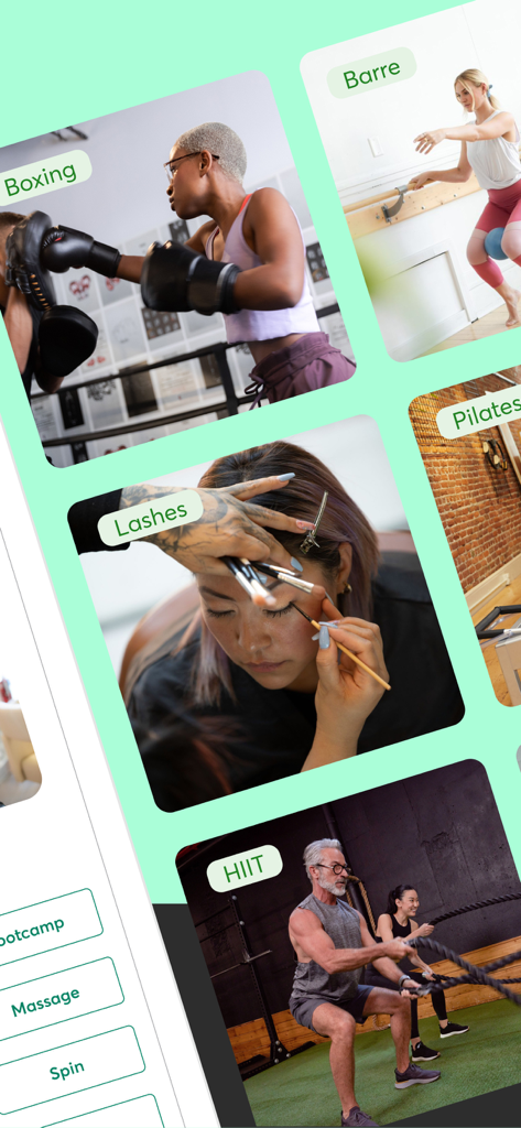 App interface showing various wellness categories including boxing, barre, lash services, and HIIT training