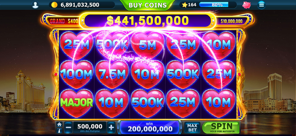 Slots of Vegas - Una schermata di grande vincita su una slot a tema cuore nell'app mobile Slots of Vegas
