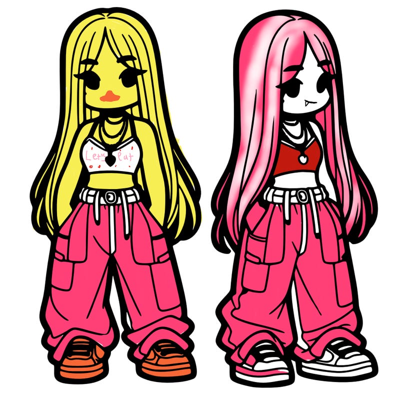 girl in baggy pants crop top and long hair