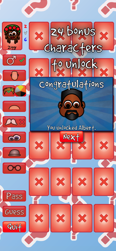 Pantalla dentro del juego de ¿Adivina la Persona? mostrando un personaje recién desbloqueado llamado Albert.