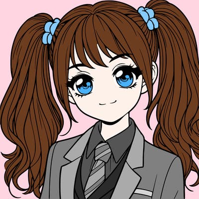 realistic girl with two ponytails and a suit on