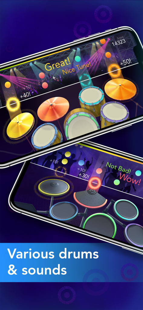 Drums: Learn & Play Drum Games - Zwei Smartphone-Bildschirme, die verschiedene virtuelle Schlagzeuge und Rhythmus-Gameplay zeigen