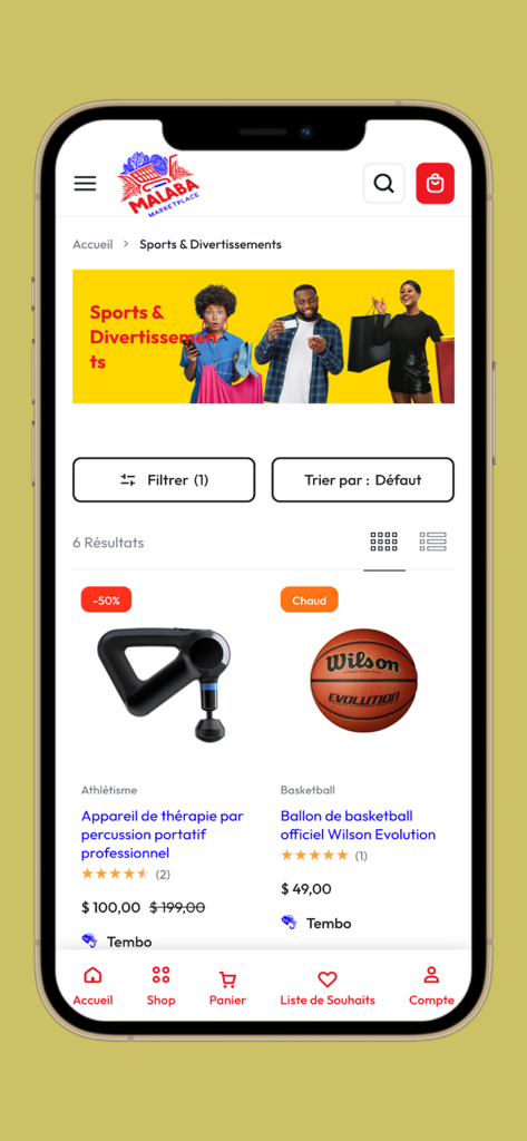 Malaba Marketplace - Malaba Marketplace mobile app displaying the sports category with a basketball and a massage gun.