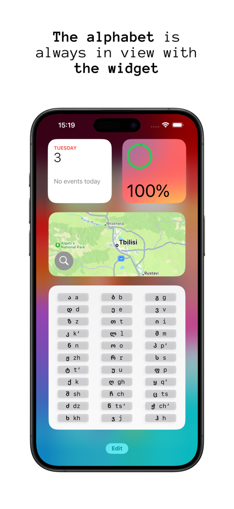 Gamarjoba: Georgian language - Gamarjoba app widget displaying the Georgian alphabet on an iPhone home screen