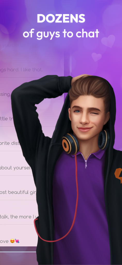 My Virtual Boyfriend Talk - Handsome virtual boyfriend with headphones winking in a chat app interface