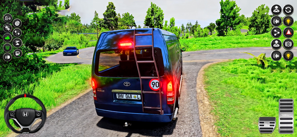 Dubai Van Simulator Games 3D - Captura de pantalla de la jugabilidad de una furgoneta azul conduciendo por una carretera verde exuberante con controles de juego móvil