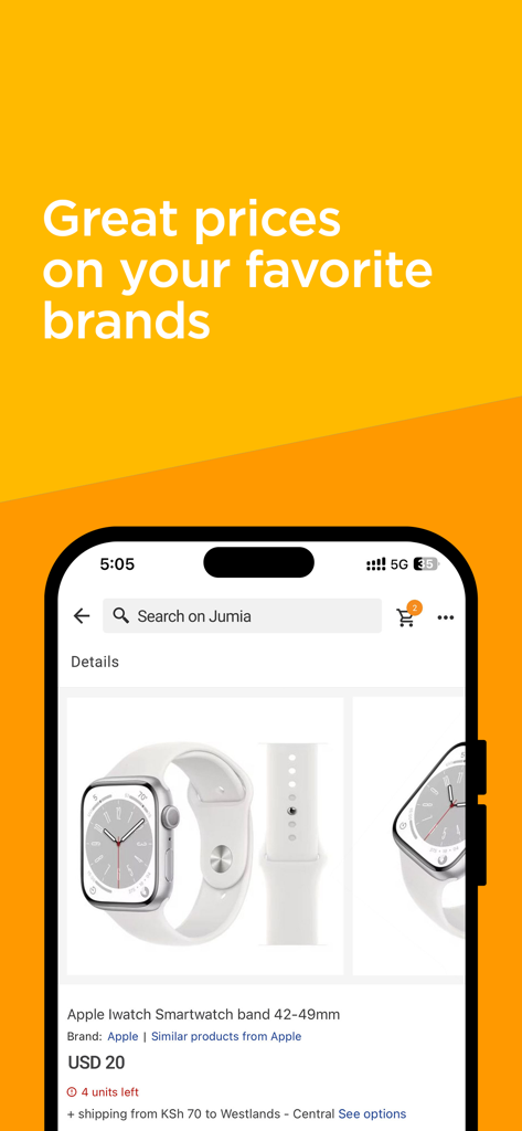Jumia Online Shopping - Page produit de l'application Jumia présentant un bracelet pour montre connectée Apple à vingt dollars.