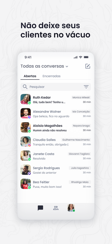 The Octadesk app interface showing a unified inbox with several open customer conversations from various social platforms.