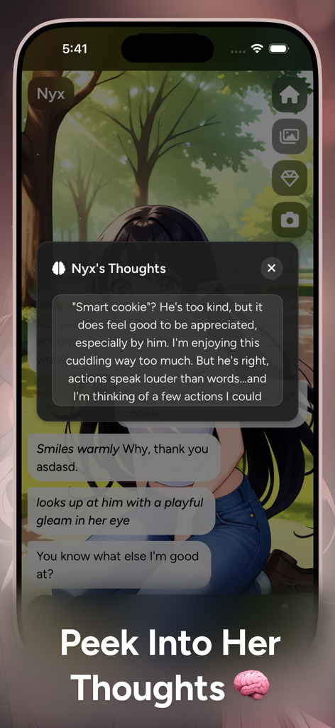 WaifuChat: AI Anime Fantasy - A screenshot of the WaifuChat app showing a feature that lets users see an AI anime character's inner thoughts during a chat.