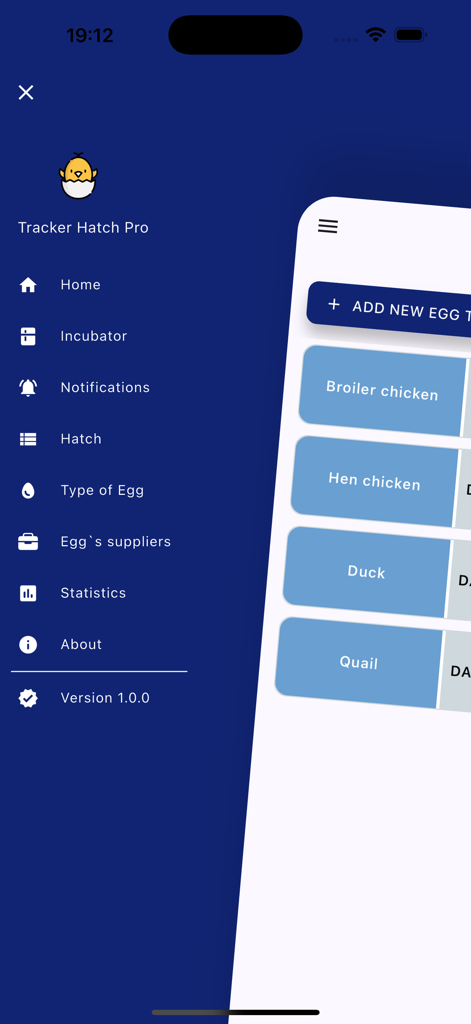 Hatch Tracker Pro - Side menu and egg type selection screen in the Hatch Tracker Pro app.