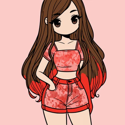 a girl with long hair wearing a crop top and shorts