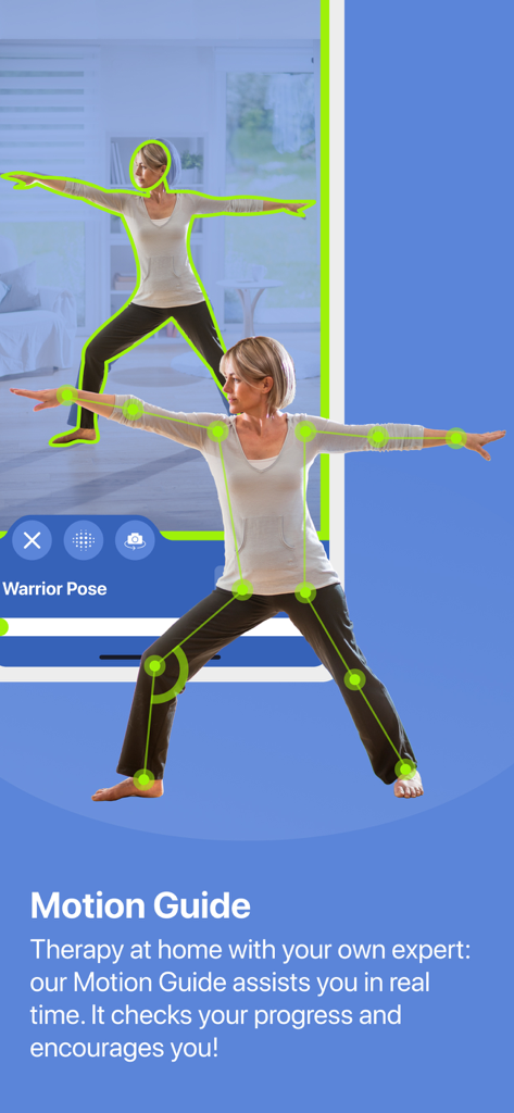 My Care Coach - Uma mulher executando uma pose de guerreiro com rastreamento de esqueleto de IA em tempo real para exercícios de fisioterapia guiados.