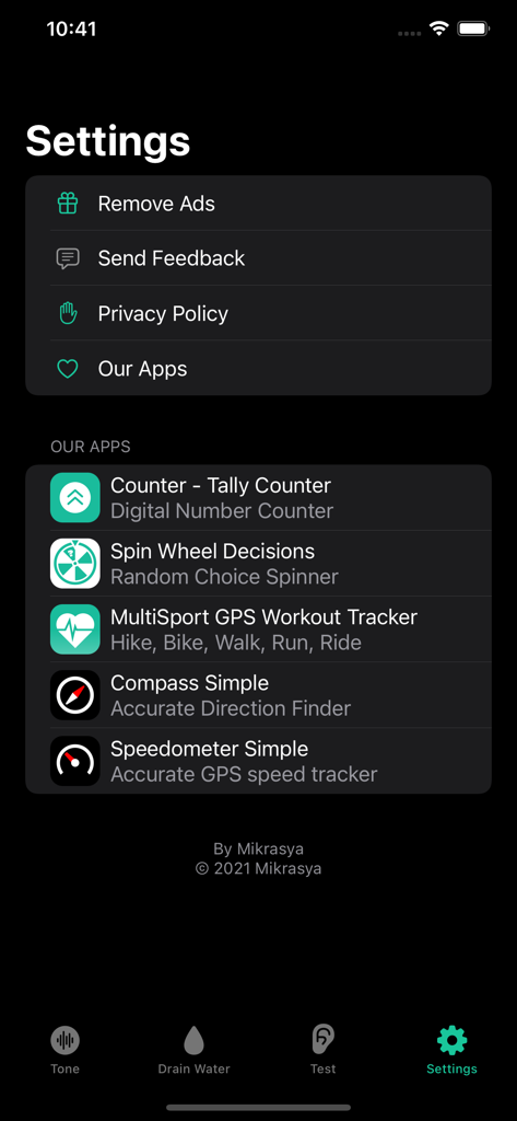 Schermata delle impostazioni dell'app Generatore di Toni che mostra opzioni di menu e altre app di utilità dello sviluppatore