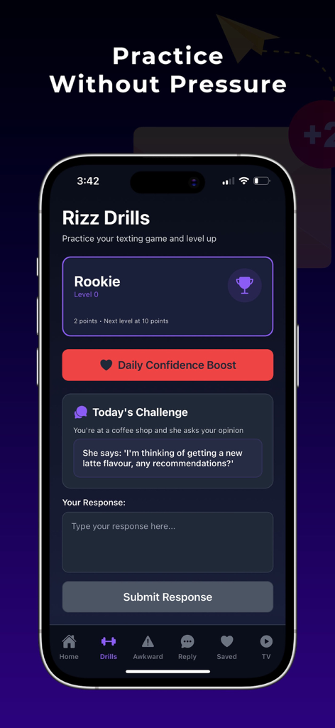 Broski: AI Wingman - Screenshot of the Broski AI Wingman app showing the Rizz Drills feature where users practice text responses to social challenges