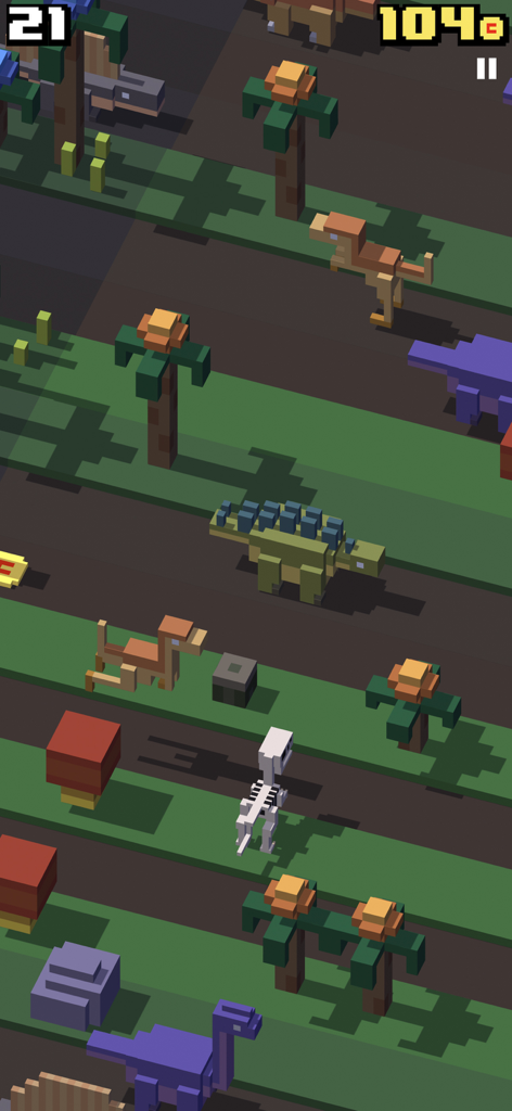 Juego de Crossy Road que muestra un mundo de dinosaurios de vóxel con un personaje esquelético