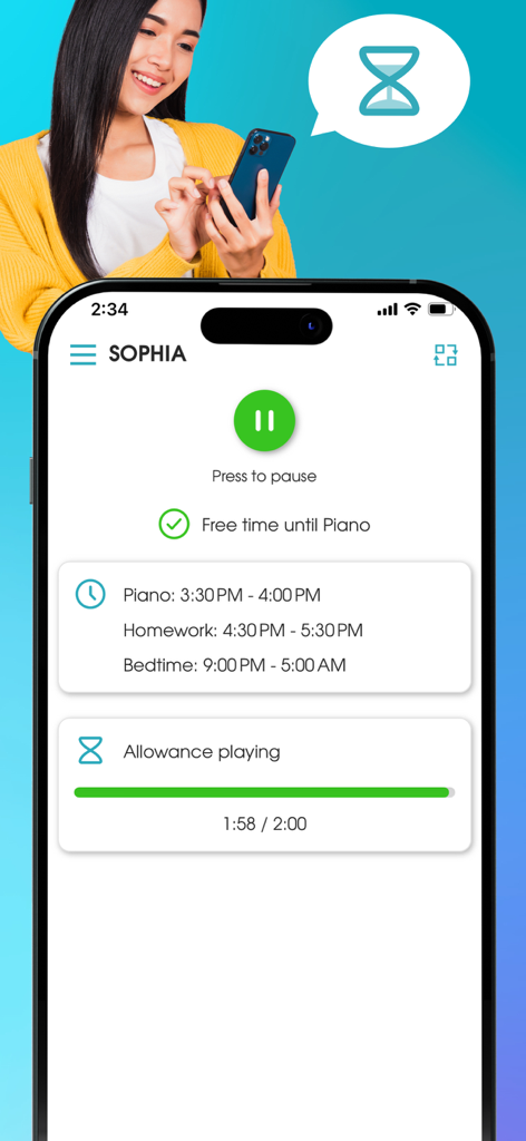 OurPact Jr. - A child's dashboard in the OurPact Jr app showing their daily schedule and screen time allowance.